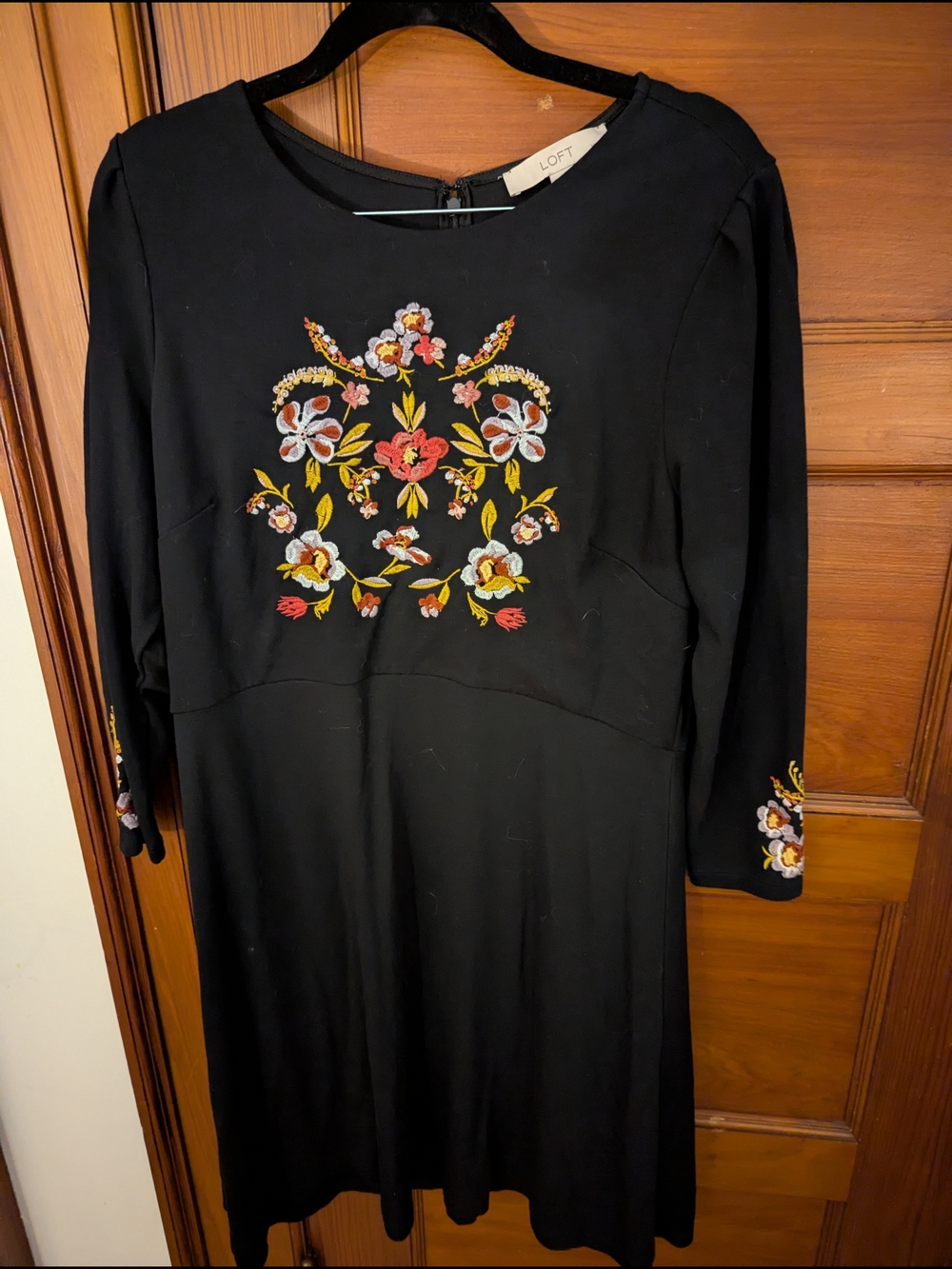 LOFT Black Long Sleeve Dress with Multicolor Floral Embroidery